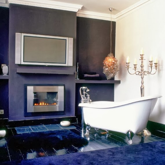 Hotel Style Bathroom with Fireplace and TV