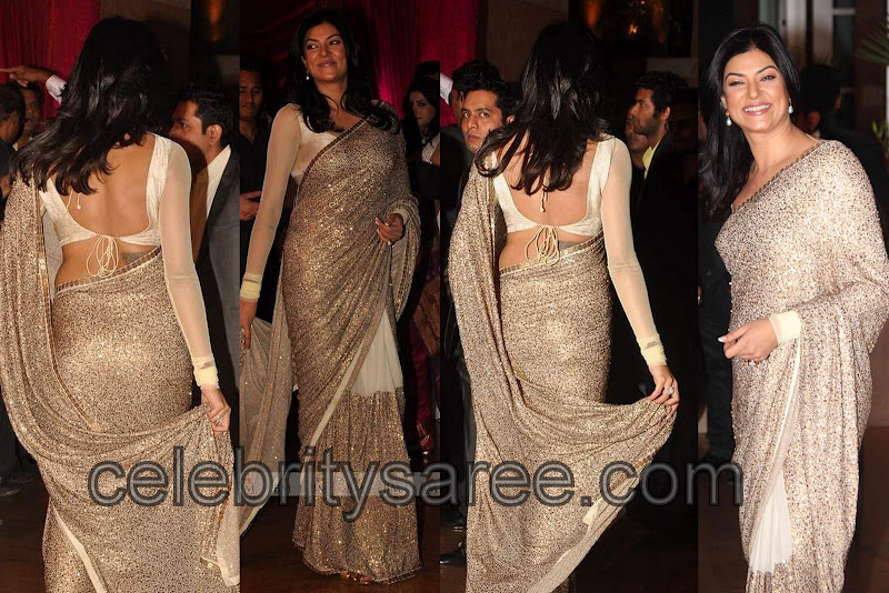 Sushmita Sen Shimmer Sari With Full Sleeves Blouse Saree Blouse Patterns Dark red and pure gold jewellery. saree blouse patterns