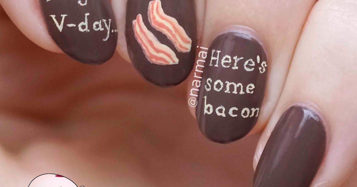 PiggieLuv Bacon nail art for anti Valentine's Day