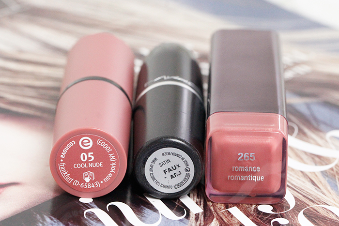 essence "05 Cool Nude", Mac "Faux", Covergirl "265 Romance Romantique" lipstick