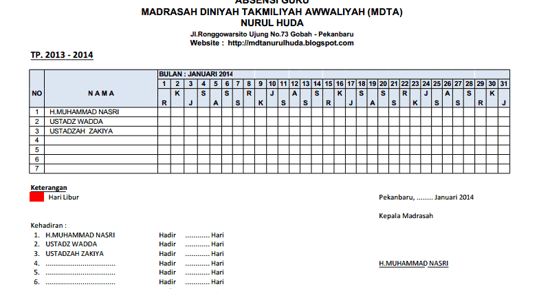 Format Absensi Organisasi | contoh format absensi guru mdta nurul huda sail mdta Format Absensi Organisasi | contoh format absensi guru mdta nurul huda sail mdta