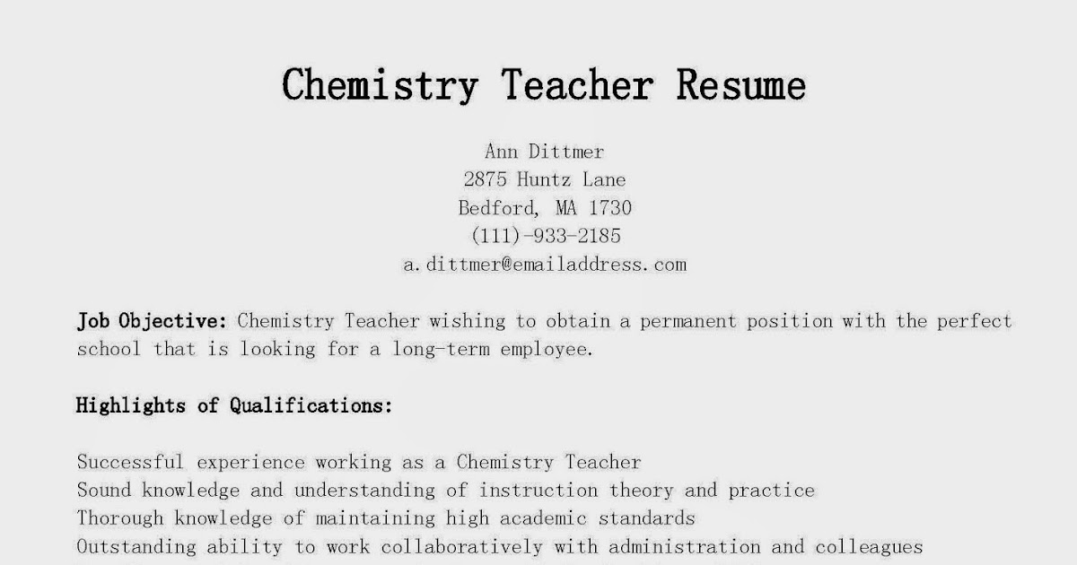 chemistry teacher resumes