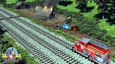 Sodor fire station Flynn the red train the Fat Controller burning wooden shed large crowd swarming