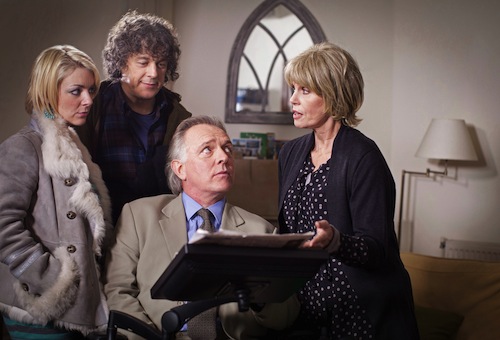 Joey Ross (SHERIDAN SMITH), Jonathan Creek (ALAN DAVIES), DI Gideon Pryke (RIK MAYALL), Rosalind Tartikoff (JOANNA LUMLEY) in Jonathan Creek, BBC1