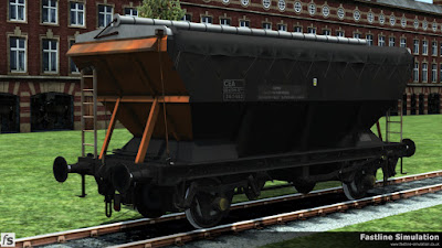 Fastline Simulation: A CEA conversion of one of the more numerous offset ladder HEAs in weathered Lodhaul livery is seen from the side with the sheet rubber straps and bodyside cleats.