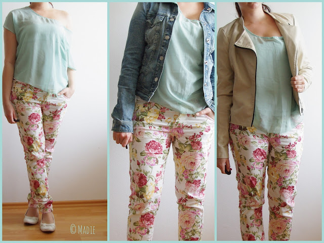 [Fashion] The Floral Pants! Mint Chiffon Top, Jeans Jacket / Beige Leather Jacket / Mint Coat