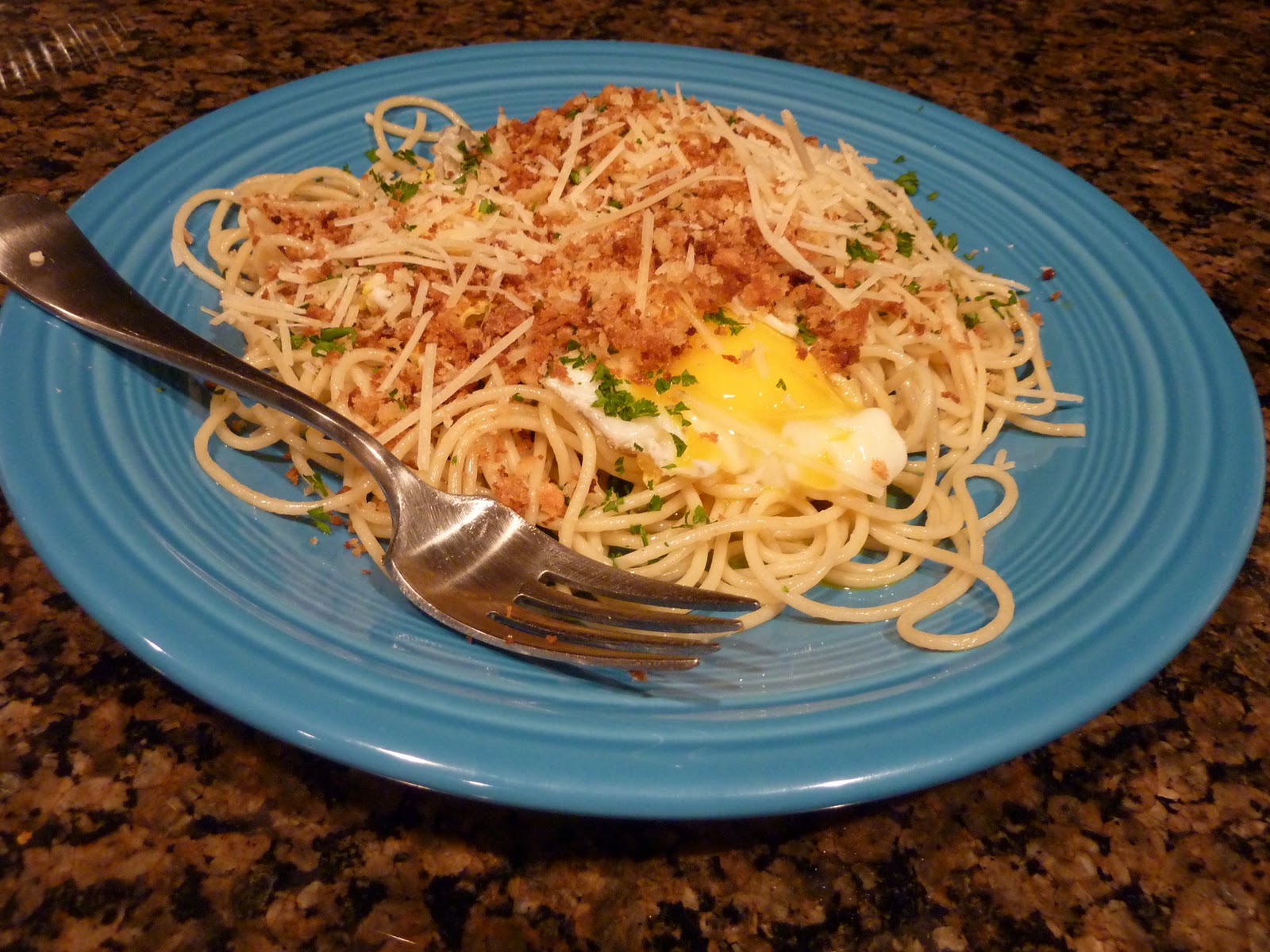 I Blame My Mother Spaghetti with Fried Egg and Bread Crumbs