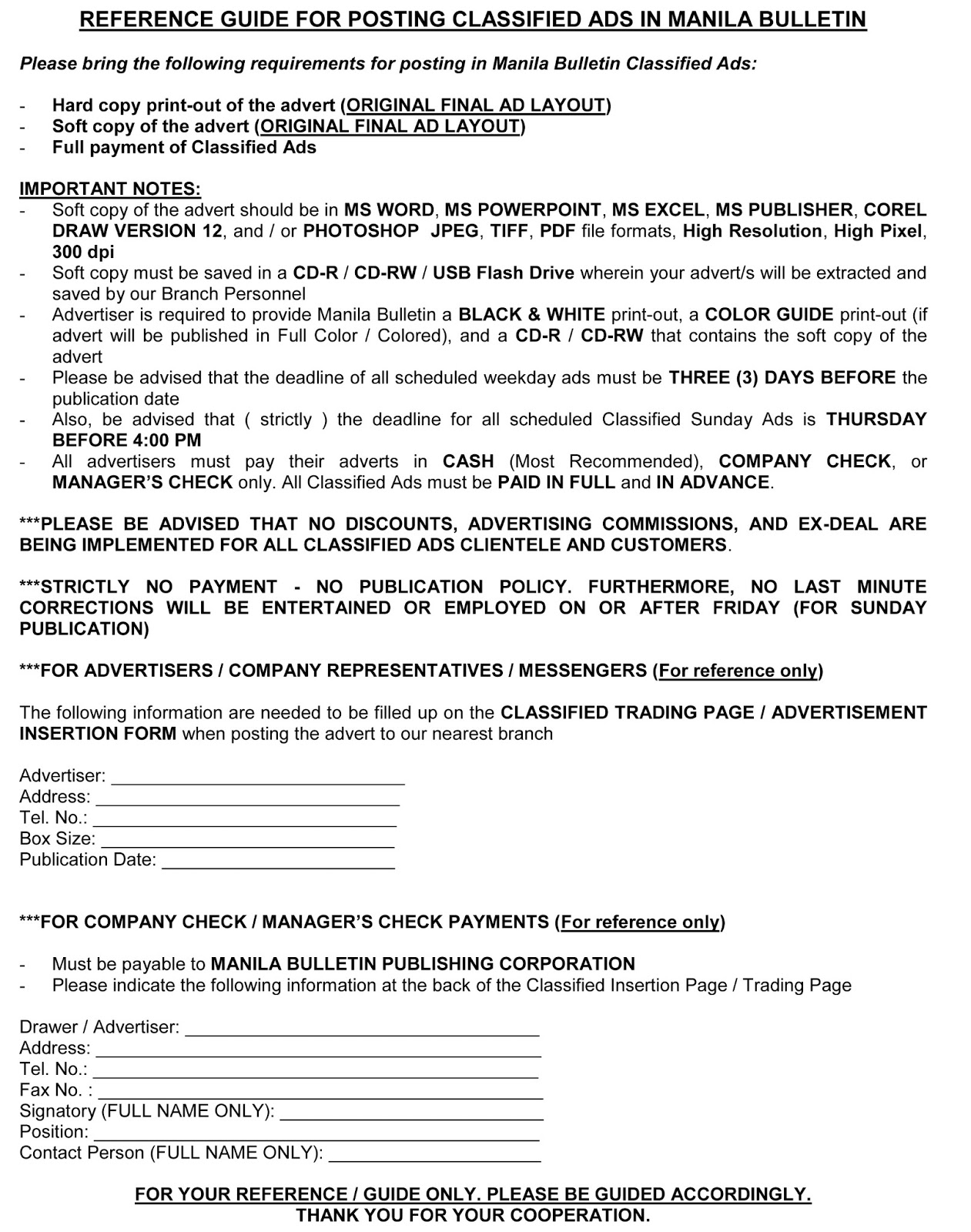 MANILA BULLETIN Head Office Classified Ads Department Manila