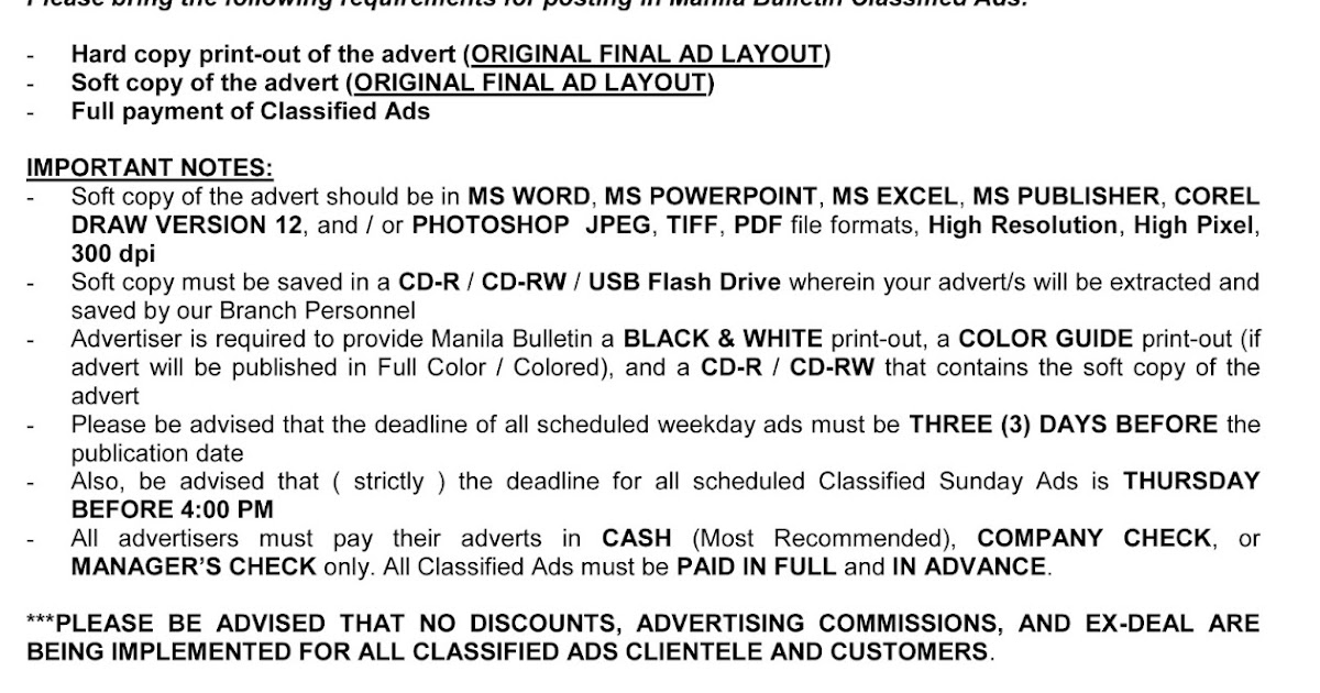 MANILA BULLETIN Head Office Classified Ads Department Manila