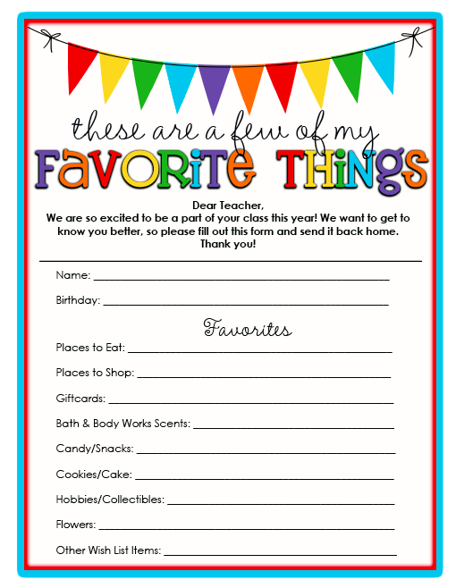 FREE! Printable Teacher Favorite Things - MindyMakes