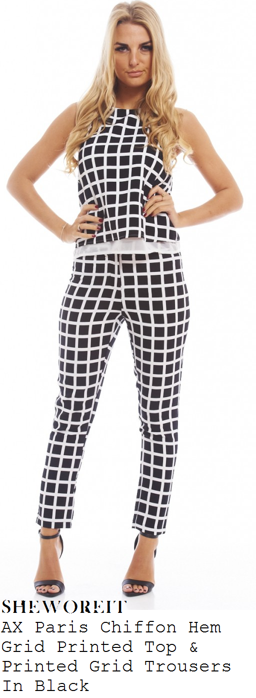 chloe-sims-black-and-white-grid-print-sleeveless-mesh-hem-top-and-trousers-co-ords