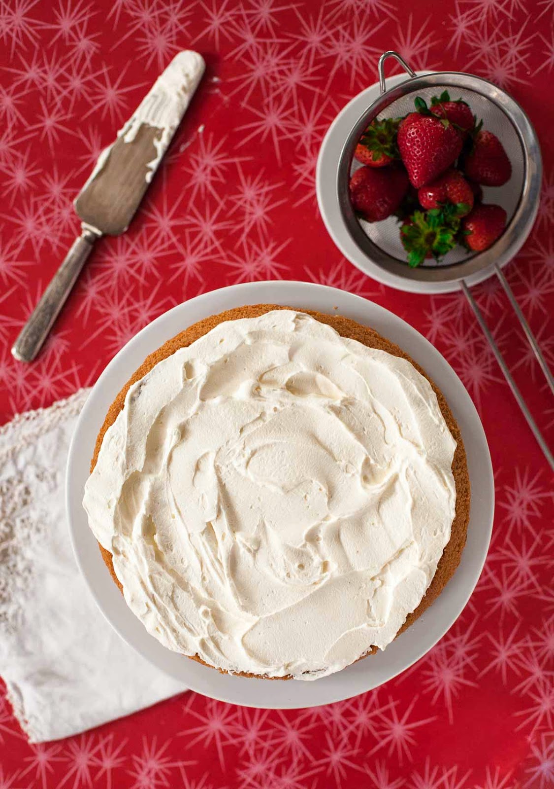 Golden Cake with Strawberries & Whipped Cream (Gluten free, Grain free) | acalculatedwhisk.com