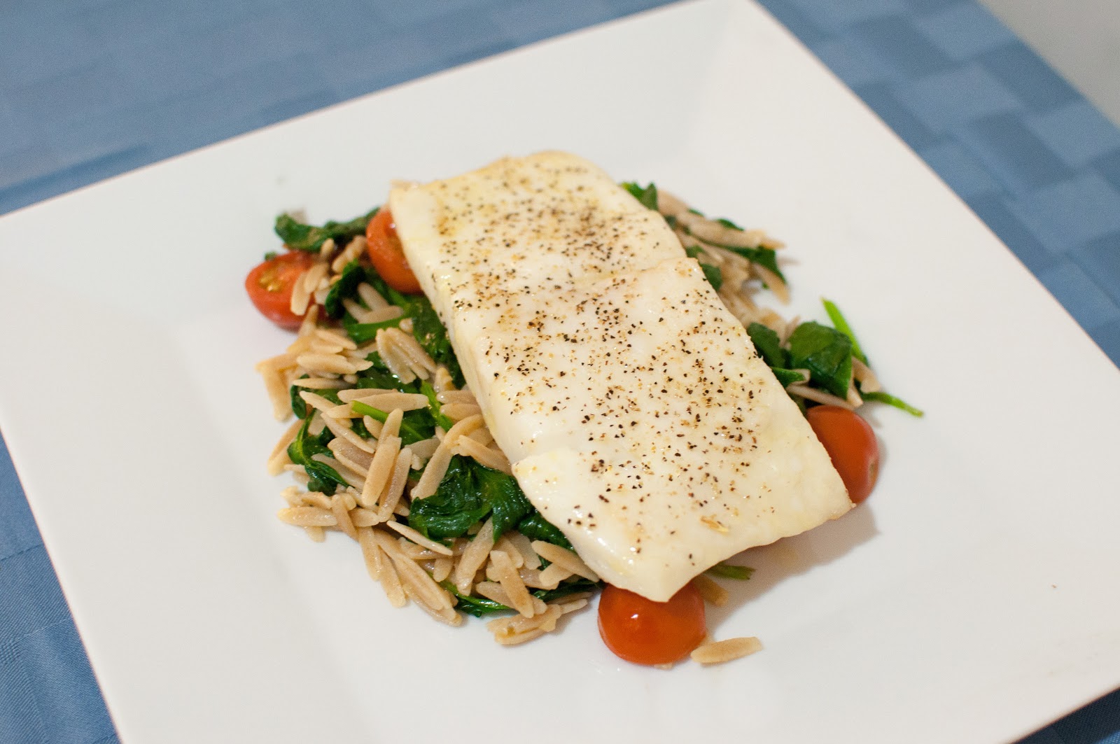not quite gourmet Baked Halibut with Orzo, Spinach, and Cherry Tomatoes