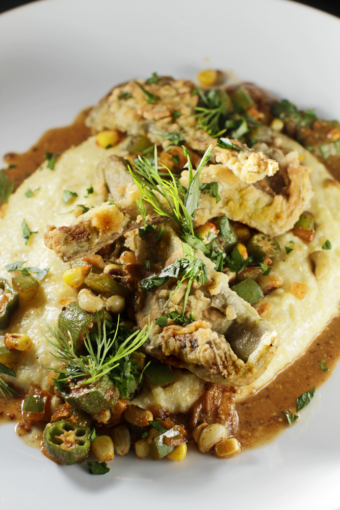 The Chubby Vegetarian Artichoke Hearts + Succotash over Smoked Cheddar