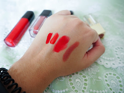 L'oreal Paris Infallible Mega Gloss in 402 Forgive My Sin (matte), Maybelline Velvet Matte Liquid Lip Colour in MAT 7, MAC Retro Matte Lipstick in Ruby Woo, Clarins Rouge Eclat lipstick in 13 Woodrose