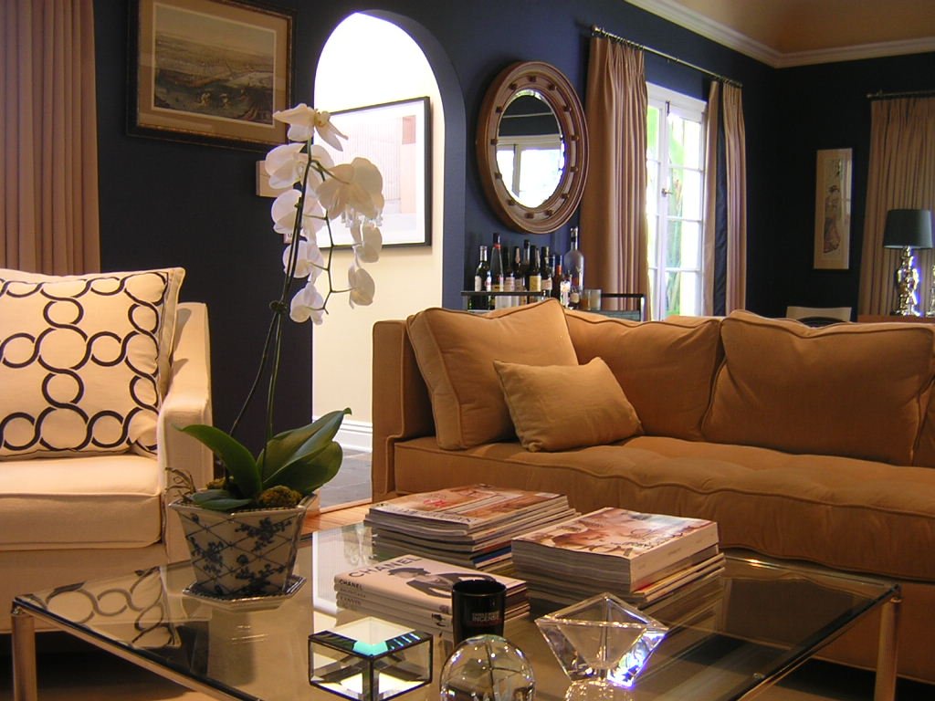 blue and camel living room