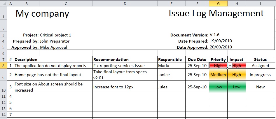 project issues log template excel