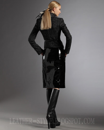 Selected from Gucci Pre-Fall 2013: Short woolen jacket, straight skirt of black patent leather and high-heeled boots jacket, nappa leather boots, patent leather skirt, Gucci, collection, leather style