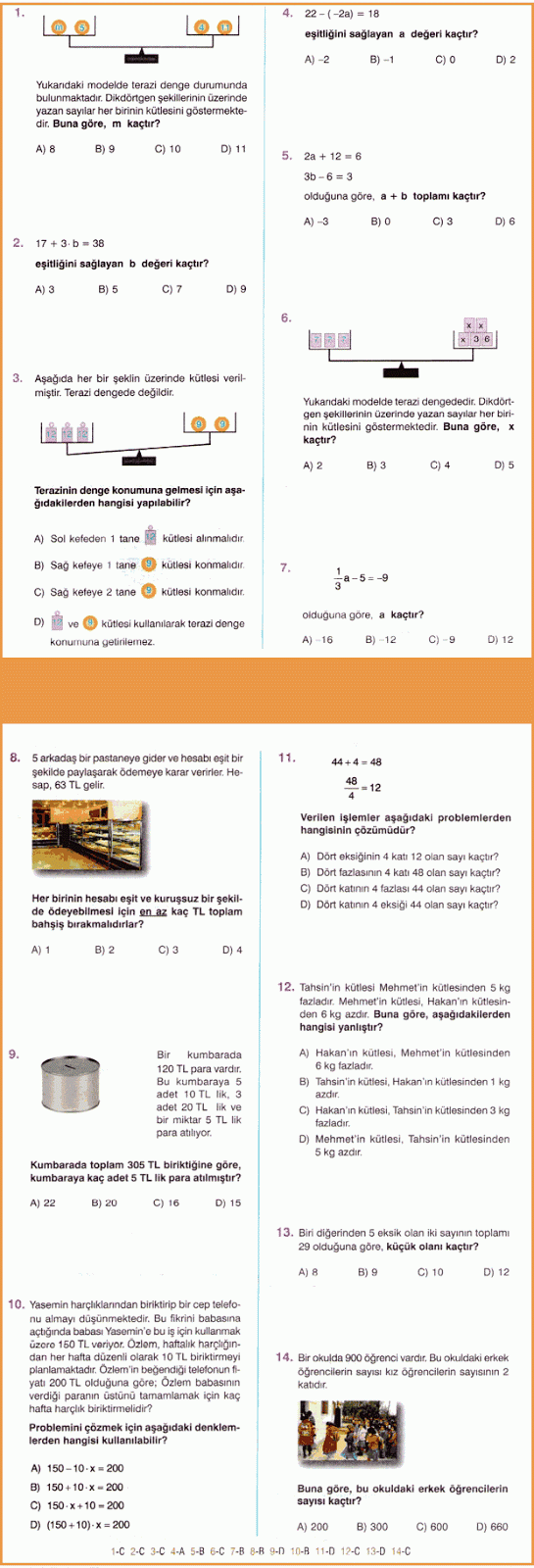 sinif matematik bilnmeyeni bulalim testi coez