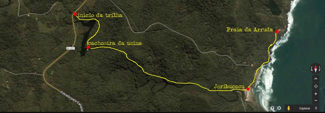 Mapa da trilha para Jeribucaçu pela Cachoeira da Usina, Itacaré