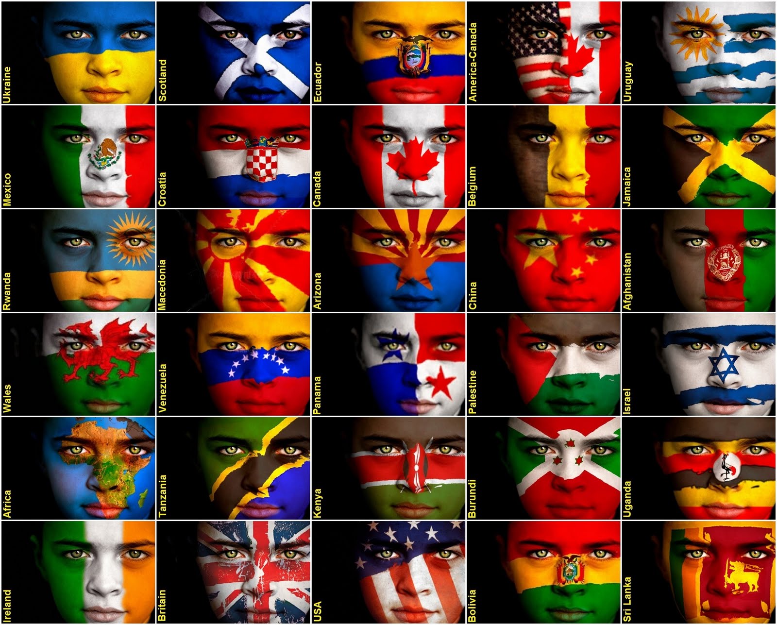 faces with flags on Ecuador, Tanzania, Venezuela