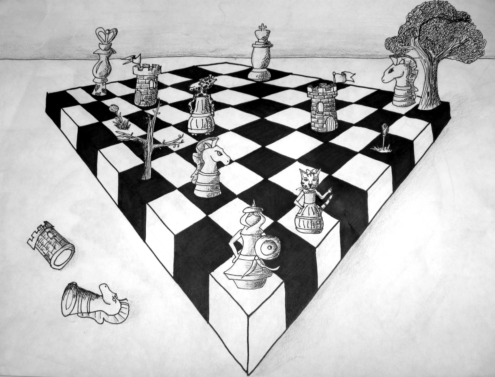 Draw a chessboard in perspective view, using straightedge only