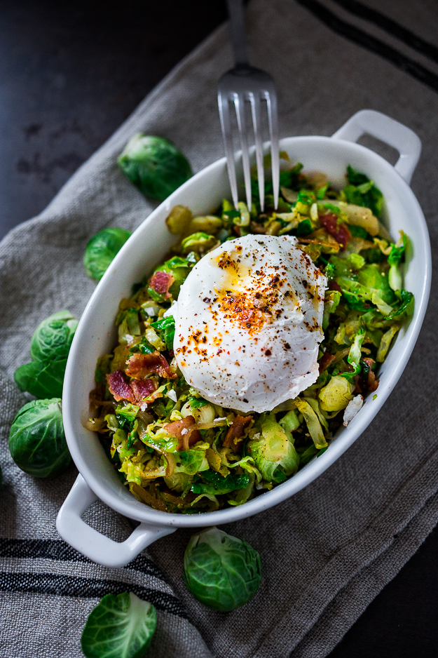 Feasting at Home Brussel Sprout Hash w/ Soft Poached Eggs and Aleppo