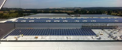 UK's largest single company solar photovoltaic installation on the HQ of the Body Shop: 3,840 modules over 6,355 sq meters