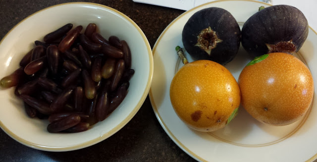 finger grapes (left), figs (top right), passion fruit (bottom right)