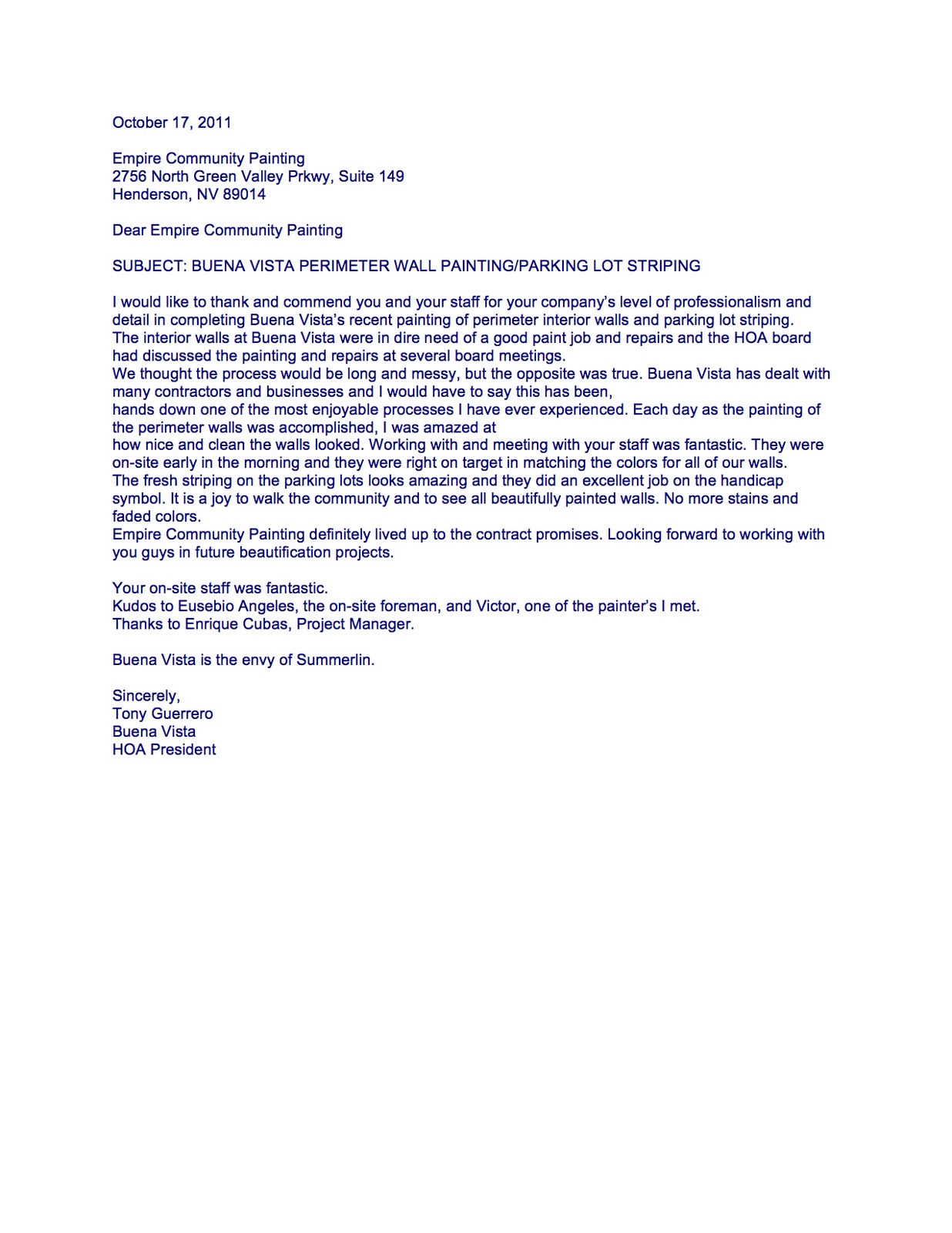 EmpireWorks Reviews and Resources: Buena Vista HOA Reference Letter