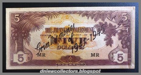 Malaya Japanese Occupation $5 Propaganda "VJ" Error Notes.
