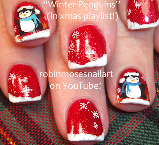 Easy snowflake nail art, Red and Green snowflakes, Penguin nail art, Christmas penguin, Cute penguin nails, Fun Christmas nails, Christmas Nail Art, How to paint Penguins, How to paint snowflakes, 