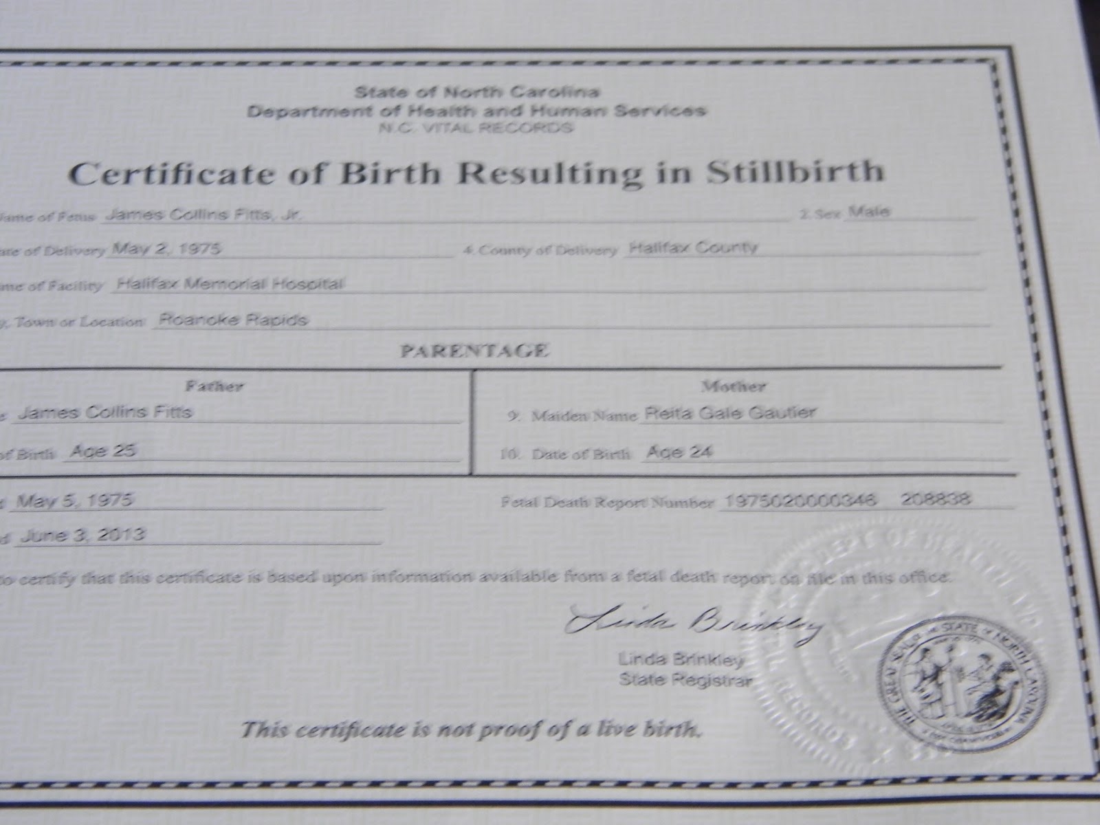 Fittsie's Angels Certificate of Birth Resulting in Stillbirth Arrived!