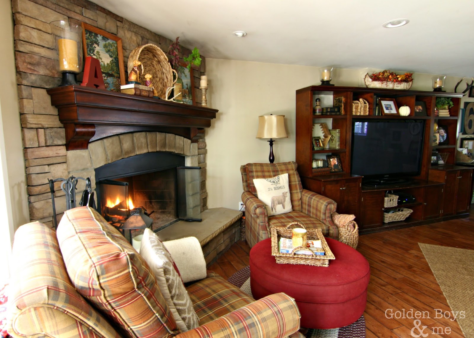 Family room with corner stone fireplace and Pottery Barn inspired wall unit-www.goldenboysandme.com