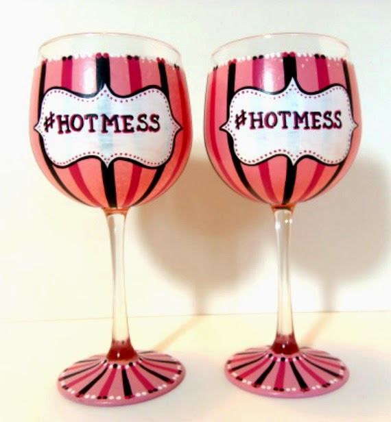 Hot Mess hand painted wine glasses. Pink and black Hot Mess hand painted wine glasses - www.kudoskitchenbyrenee.wazala.com