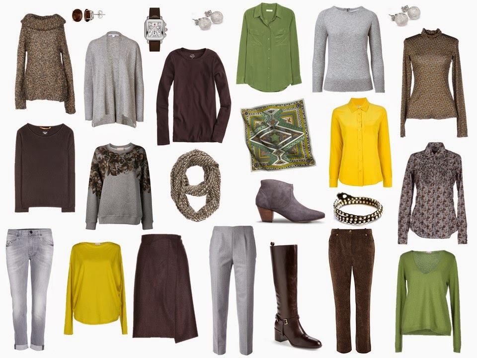 A Four By Four Capsule Wardrobe In Brown Grey Green And Gold