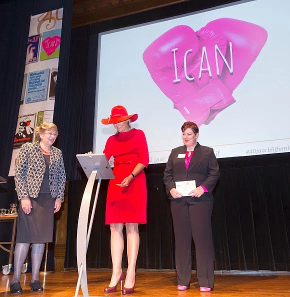 Aleid van den Brink, Queen Maxima of The Netherlands and Petra van der Pool-Duyzer attend the launching ceremony of the Ican App during a symposium, marking 40 years of the protection of women against domestic violence