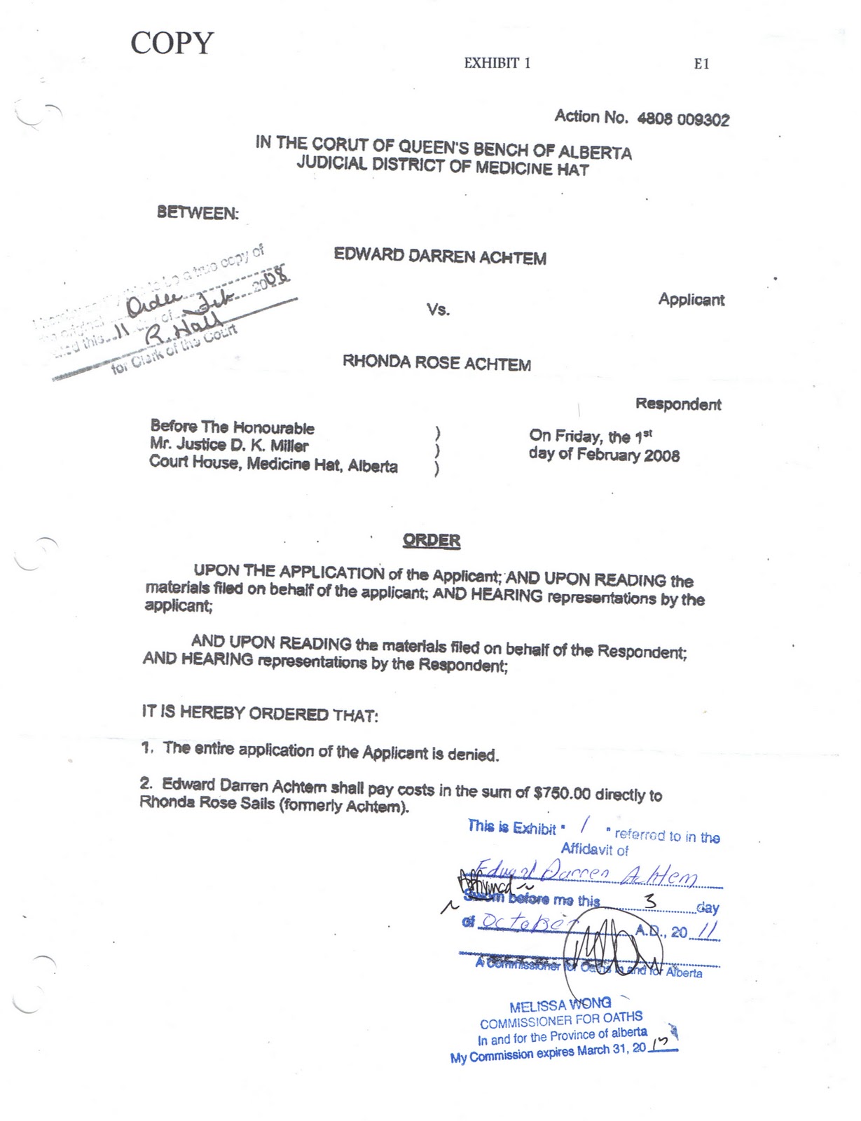 Court Order of Justice Dallas Miller