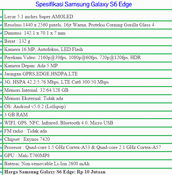 Spesifikasi Harga Hp Samsung Galaxy S6 Edge Spesifikasi Samsung Galaxy S6 Edge