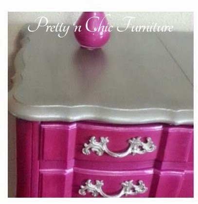 French Provincial Vanity Makeover in Shabby Paints Shimmer Passion Pink & Stunning SIlver By Pretty 'N Chic Furniture - Featured On Furniture Flippin'
