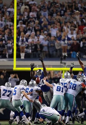 Jason Pierre-Paul blocks a field goal to preserve the Giants 37-34 over the Cowboys
