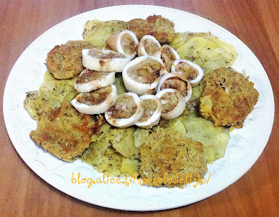 calamari ripieni con patate al forno e frittelle di patate
