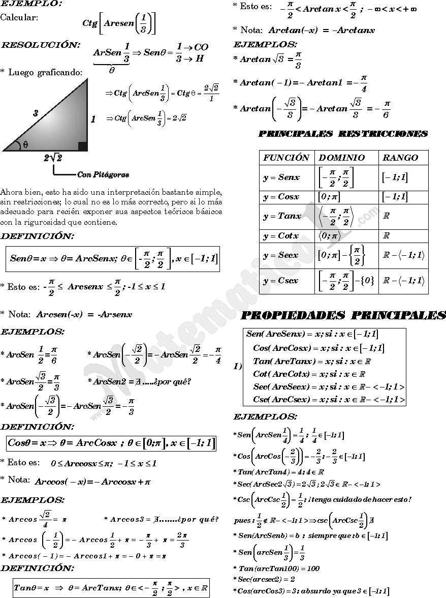 ARCOSENO , ARCOCOSENO , ARCOTANGENTE , ARCOCOTANGENTE , ARCOSECANTE Y