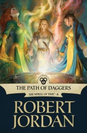 Cover of The Path of Daggers, featuring three young white women gathered around a large, glass-like bowl with swirls of magic rising out of it.