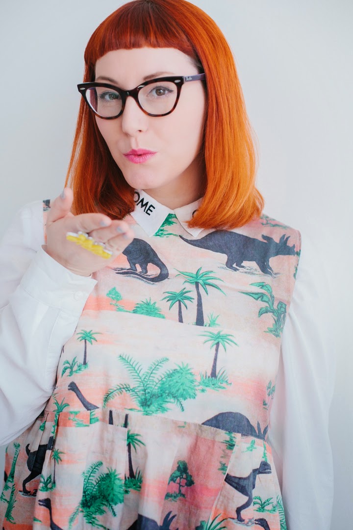 Helen from Wardrobe Conversations portrait bloggers, fashion, style, wardrobe conversations, pastel, natural light, photography, glasses, ginger, dinosaur, Bonnie Bling, Scottish blogger