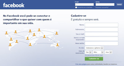 Facebook login Tela inicial do Facebook