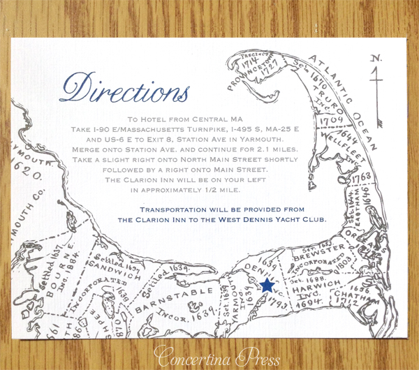 Cape Cod wedding blog photo from Concertina Press - Stationery and Invitations about Gray and Navy Cape Cod Save the Dates and Directions Card