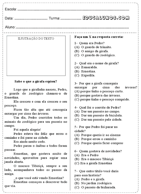 Atividades de interpretação de texto com o tema: Sabe o que a girafa espiou?