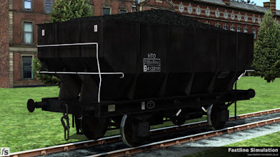 Fastline Simulation: This weathered dia 1/143 unfitted 21T coal hopper has the HTO TOPS code outside of a small boxed data panel.