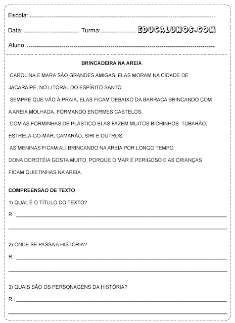 Atividade de interpretação de texto: Brincadeira na areia